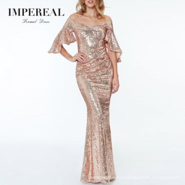 Sequin Rose Gold Flutter Sleeve Tight Red Carpet Modern Evening Dress Gown